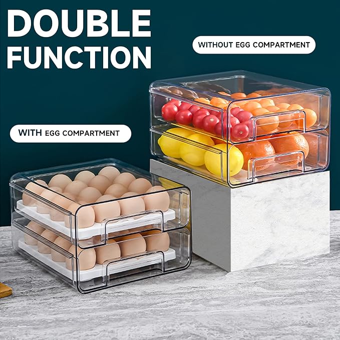 Large Capacity Egg Container for Refrigerator - 32 Eggs, Double Layer Drawer With Removable Tray, Stackable, BPA Free