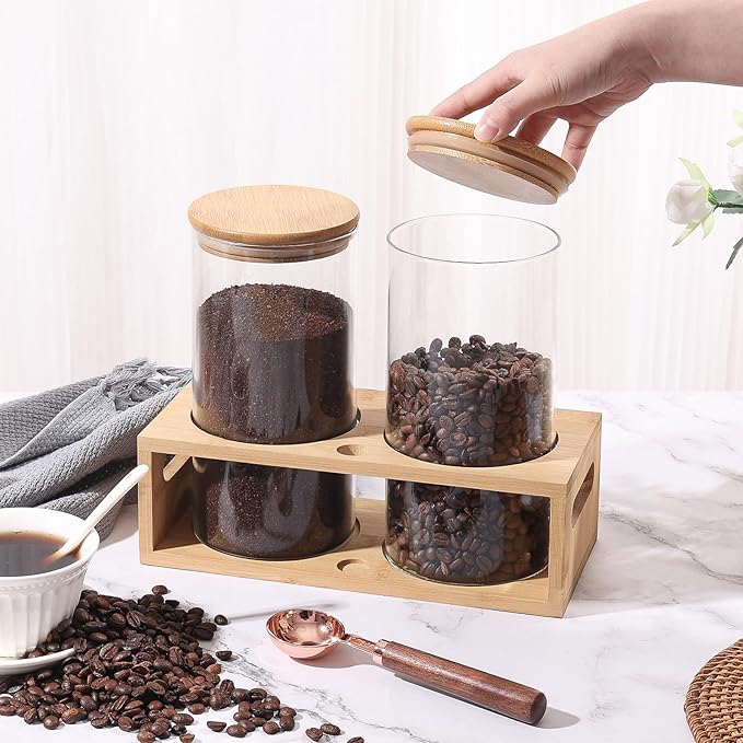 ZOMUIA Glass Coffee Containers Airtight Coffee Bean Storage Jars with Shelf, 2Pcs 44oz Coffee Station Organizer Coffee Canisters, Kitchen Food Storage Jars for Coffee, Sugar, Candy, Oats, Nuts