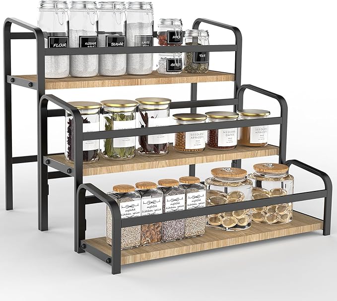 Spice Rack Organizer for Countertop , 3-Tier Magnetic Spice Storage Holder with Wooden Steps for Kitchen , Coffee Syrup Rack Iron Fall Protection ,Versatile Display Rack for Wine Bottles,Cosmetics.