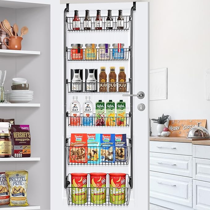 COOLFXEND Over the Door Pantry Organizer,6-Tier Pantry Door Organizers and Storage,Metal Over the Door Spice Rack for Pantry/Kitchen,Space Saving,Easy to Install,Black(4x4.72+2x5.9 Width Baskets)