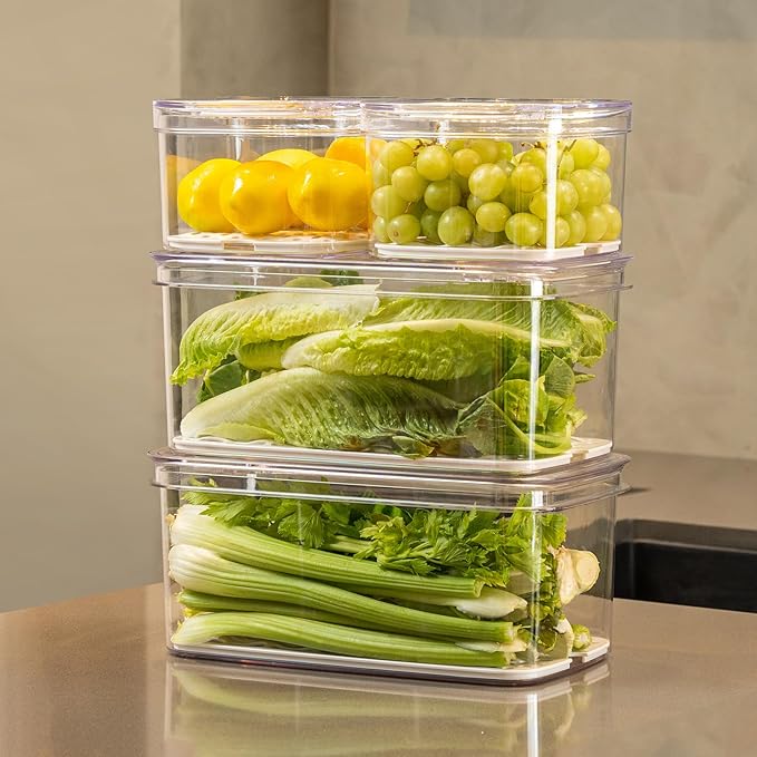 Felli Veggie Keeper Container for Fridge with Air Vent + Drain Tray, SPACIOUS Vegetable Fruit Bin for LONG LARGE Produce Lettuce Cabbage Celery Cucumber Storage for Refrigerator, Keep Fresh Long