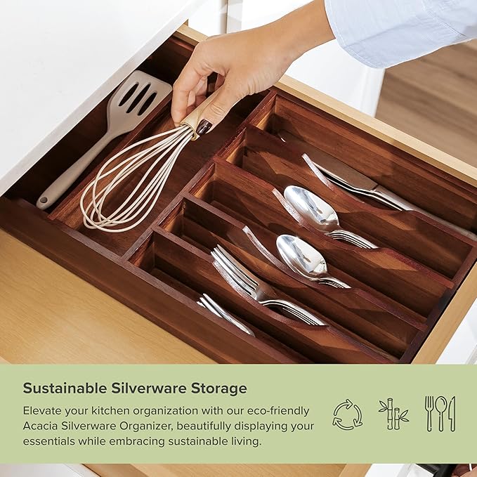 Silverware Organizer - Cutlery, Flatware, and Utensil Holder for Kitchen Drawers, Fixed 10.5” Width, 7 Storage Compartments, Non-Slip Feet, Rounded Corners, Acacia Wood