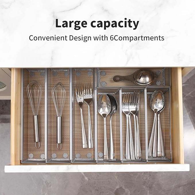 Faridabio Mesh Drawer Organizer,Silverware Organizer for Kitchen Utensil Cutlery Tray with Interlocking Steel Mesh Metal Flatware Organizer Storage Silver (6 pcs)