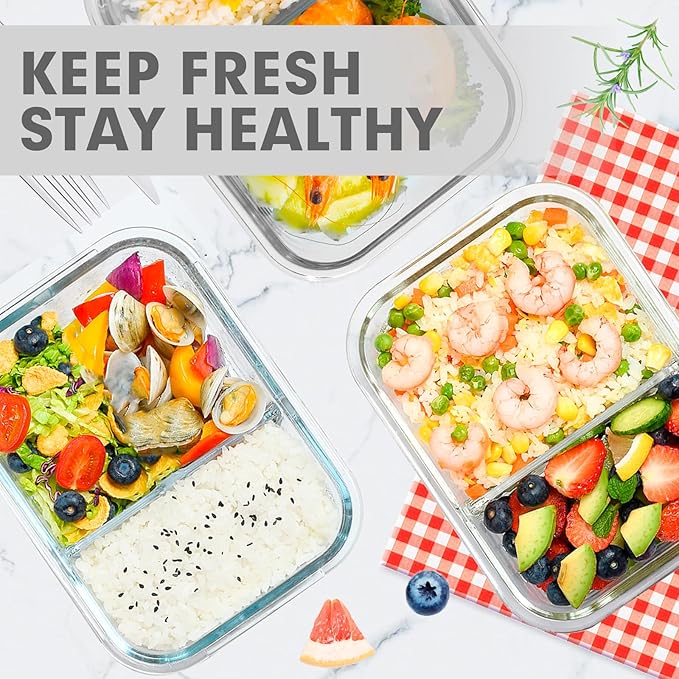VERONES 5 Pack Glass Meal Prep Containers 2 Compartment Set, 36OZ Airtight Glass Lunch Containers, Food Storage Containers with Lids, for Microwave, Oven, Freezer & Dishwasher Friendly,White