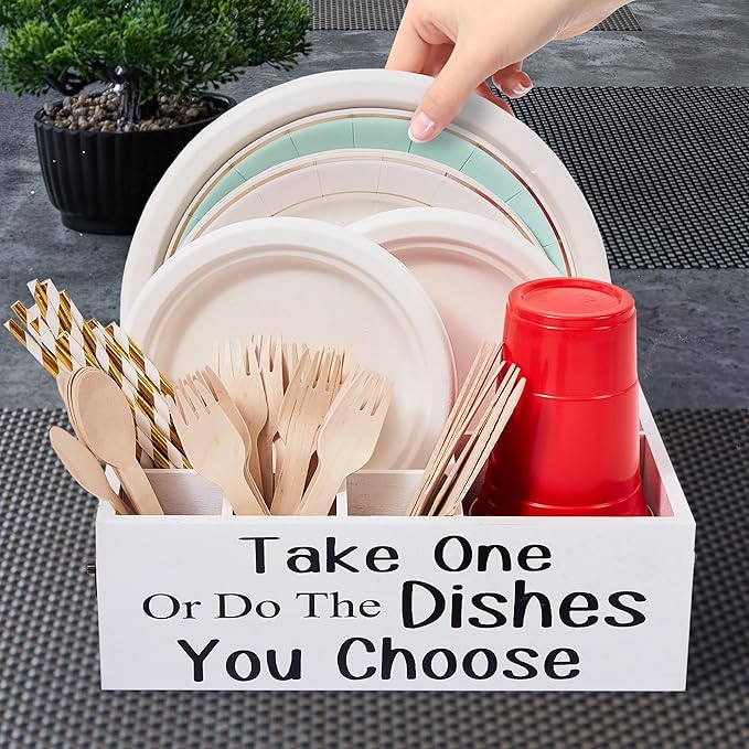 Small Paper Plate Holder,Utensil Cutlery Caddy Organizer for Kitchen Countertop,Party,Picnic,Wood Silverware Dispenser For Cups Forks Spoons Plates Napkins,Coffee Station Organizer(White)