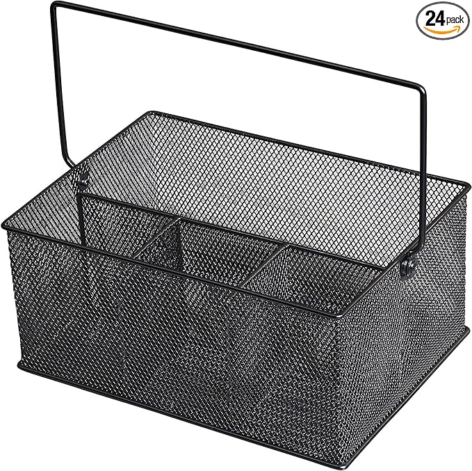 YBM Home Mesh Basket Utensil Holder & Picnic Silverware Caddy Organizer with Four Compartments and Napkin Storage, Black (24 Pack)