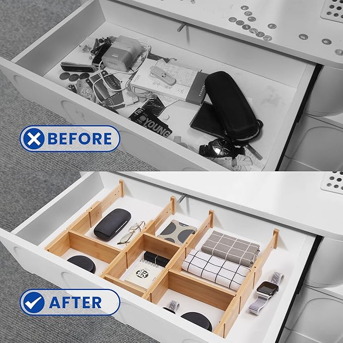 Adjustable Drawer Dividers Pack of 4 with Inserts, Set Kitchen Drawer Organizer for Utensils, Spice Organization, Deep Drawers and Baby Clothes
