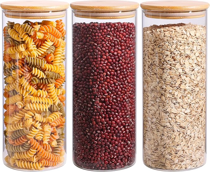 ComSaf 56oz Glass Storage Containers with Lids, Glass Jars with Lids, Clear Food Storage Jar, Round Canister Set of 3, Pantry Organizers for Pasta Flour Cookie Rice Tea Coffee Bean