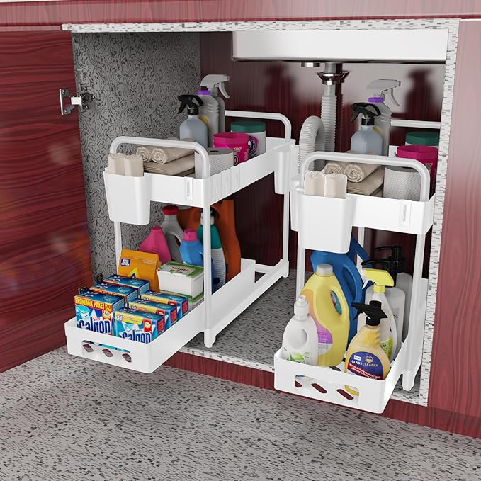 2 Pack Double-Layer Under Sink Organizer for Efficiently Utilizing Space, High Capacity and Space Saving, 2 Tier Sliding Under Sink shelf with 4 Hooks and a Cup Slot (White)