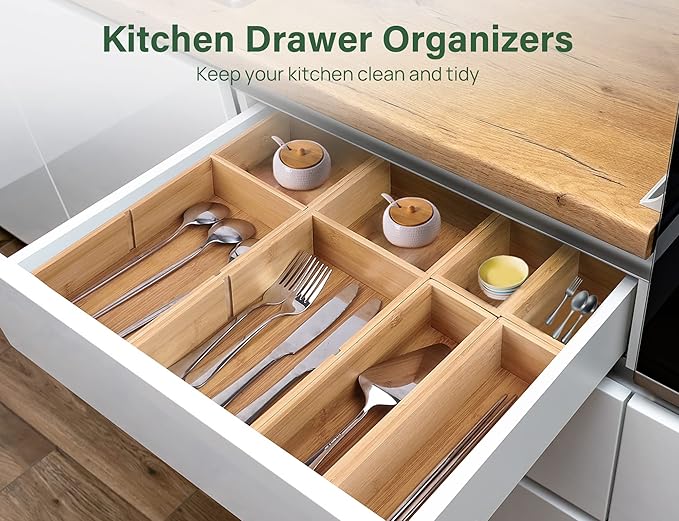 Kootek 6 Pcs Bamboo Drawer Organizer, Kitchen Utensils Storage Boxes 3-Size with Removable Dividers Multi-Use for Gadget, Makeup, Bathroom, Office