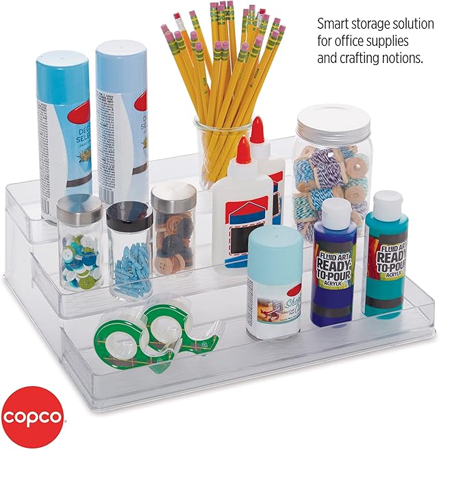 Copco 3 Tier Clear Stadium Organizer with Deep Shelves Versatile Storage for Spices Pantry and Supplies Durable Plastic 3.75 Inch Shelves
