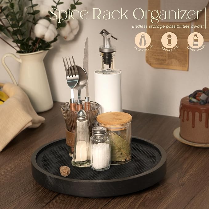 Wood Non-Skid Lazy Susan Organizer Turntable for Organization and Storage – Chic 10.5" Lazy Susan Turntable for Cabinet, Bathroom Decor & Coffee Table - Ideal for Home and Kitchen (Black)