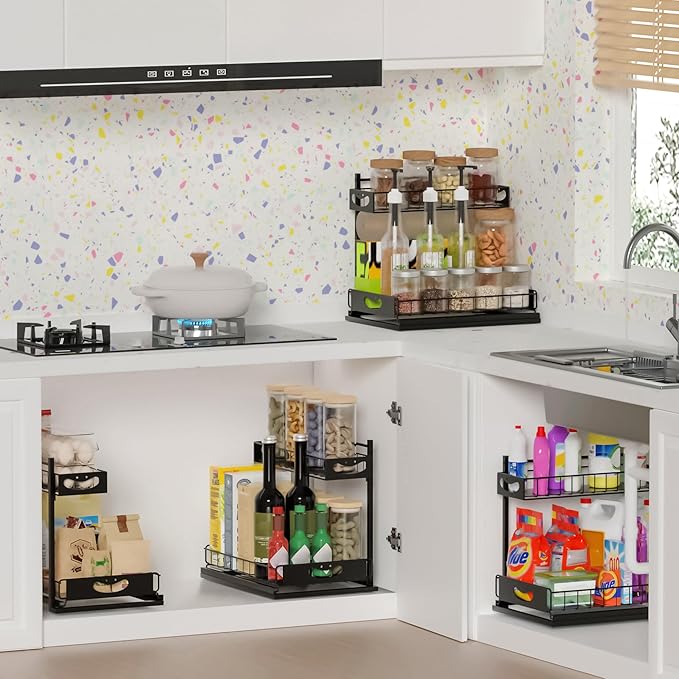 2 Pack Under Sink Organizer with Pull-Out Drawers,Kitchen Storage Organization,Bathroom Organizers and Storage,Bathroom Shelves,Home Storage,Black