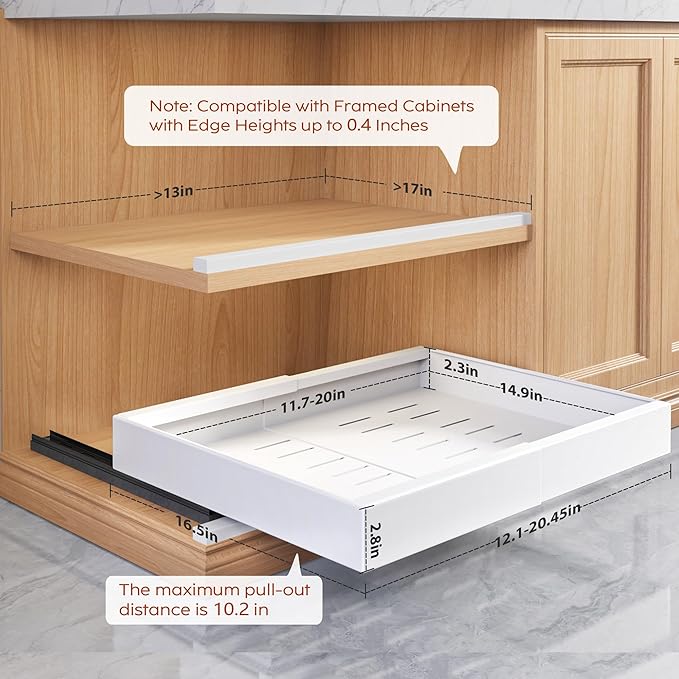 2 Pack Pull Out Cabinet Organizers 16.5" Deep With Raising Pad for Framed Cabinets,Expandable Slide Out Drawers Upgrade 3 Slide Rails,Roll Out Shelves,Adjustable Width 12.1"-20.45" White