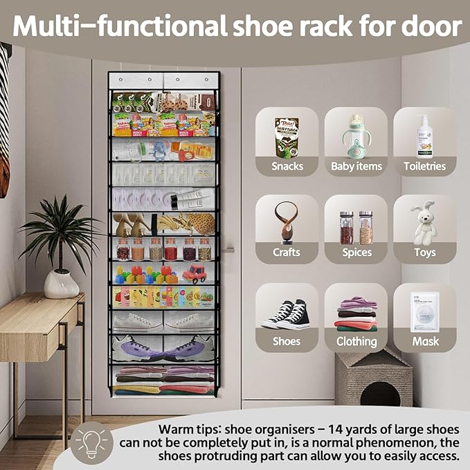 12 Pocket Over the Door Shoe Organizer,Reusable Breathable Large Mesh Bag Men's & Women's Sneaker Organizer,Shoe Organizer for Kids,Hanging Shoe Storage Hanging Bag (White)