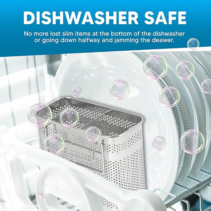 HOME&I Silverware Drying Basket, Kitchen Sink Utensil Holder Replacement,Thin Dish Drying Rack Countertop Organizer Stainless Steel 304 Flatware Cutlery Caddy Hold for Dish Drainer(2 Compartments)