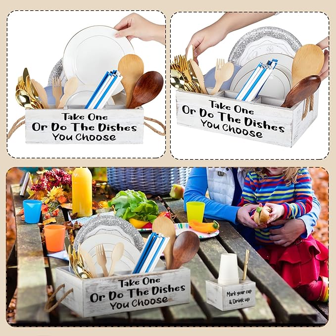 Suzile Cutlery Kitchen Utensil Holder Kit, 1 Kitchen Countertop Plate Holder and 1 Large Cup Organizer, Wooden Utensil Caddy Organizer for Plate Cup Fork Knives Spoon Straws Napkins Marker Condiment