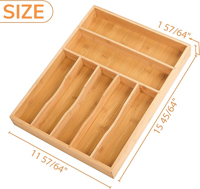 BAMEOS Bamboo Silverware Drawer Organizers, 11.9 inch Utensil Drawer Organizer for Kitchen Drawers, 7 Slots Total Large Flatware Organizer for Knives Cutlery Spoons Forks (Natural)
