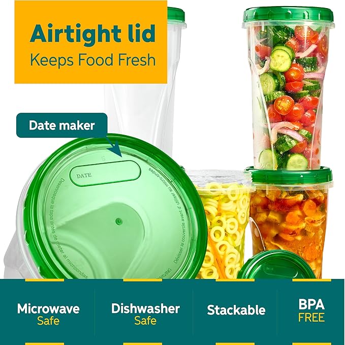 PLASTICPRO 12 Pack Twist Cap Food Storage Containers with Green Screw on Lid- 48 oz Reusable Meal Prep Containers - Large Freezer Containers Microwave Safe Green Plastic Food Storage