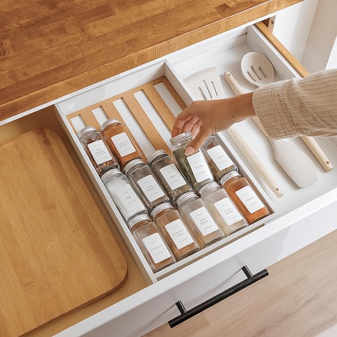 Spice Drawer Organizer with Expandable Storage. Holds up to 15 Spice Jars (Not Included), Non-Slip Feet, Kitchen Accessory Storage, 100% Sustainable Bamboo Wood (White Bamboo)