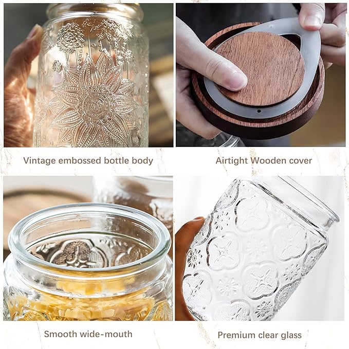 Vintage Glass Jar with Wooden Lid, 23.7 fl oz - Airtight Decorative Food Storage Canisters for Kitchen Counter, Ideal for Candy, Sugar, Coffee, Cookies