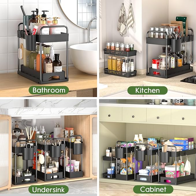 4 Pack Under Sink Organizer and Storage - Stackable 3 Size 2 Tier Bathroom Under the Sink Organizers Multi-Usage Kitchen Cabinet Organizers and Storage Sink Bath Shelf Baskets