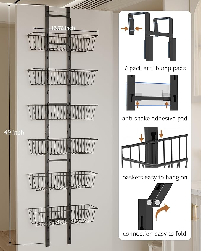 Over The Door Pantry Organizer, 6-Tier Pantry Organizers and Storage with Adjustable Basket, Heavy Duty Metal Spice Rack for Kitchen Bathroom Laundry Room(Black)