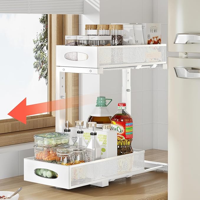 IUI 2 Tier Metal Pull Out Cabinet Organizer,Rust Proof Under Sink Organizer with Sliding Drawers, Multi-Use Under Cabinet Shelves Organizers for Kitchen Bathroom Cabinet Desk Etc,White