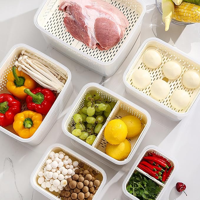 Upgraded Fresh Produce Vegetable Fruit Storage Containers,Large Fruit Containers for Fridge with Lid Vent Handle and Colander ,Keep Berry Fruit Vegetable Food Meat Fresh Longer (5)