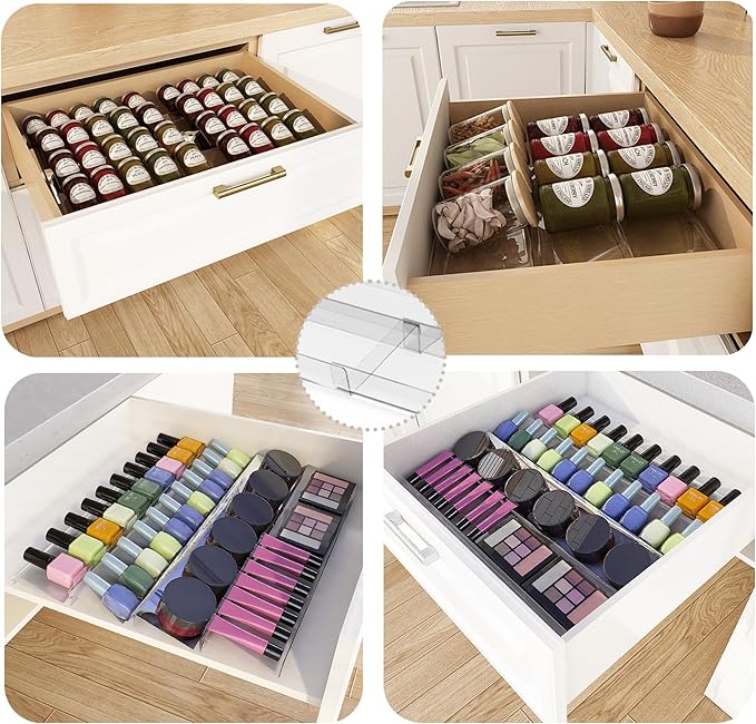 Spice Drawer Organizer with Labels, 4 Tier 4 Pack Seasoning Organizer Rack, Clear Plastic Storage Trays with Angled Dividers for Dressing Table,Bathroom (Not Jars/Expandable From 13 to 26")