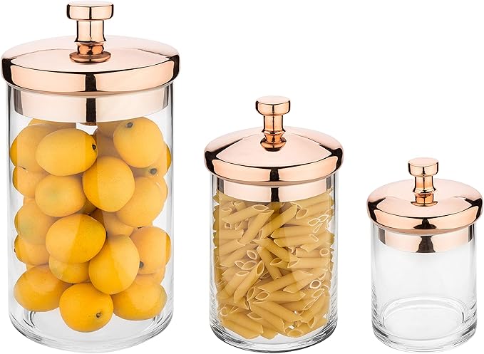 MyGift Glass Apothecary Cookie Jar Set with Copper Lid - Decorative Kitchen and Bath Storage Canisters, Wedding Centerpiece Jars, Candy Buffet with Lids