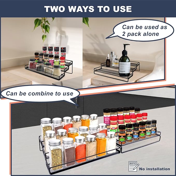 Spice Rack Organizer for Cabinet, 3 Tier Widen Seasoning Organizer, Expandable Shelf,Step Storage Holder, Kitchen Cabinet Countertop,with Protection Railing, Metal (Black,3 Tier)