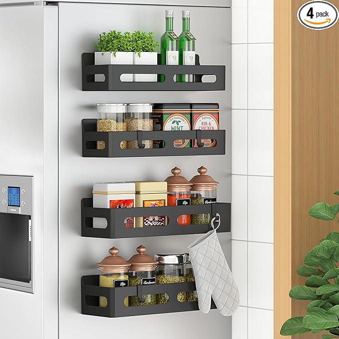 4 Pack Magnetic Spice Rack for Refrigerator, Spice Rack Organizer, Moveable Magnetic Shelf Fridge Organizer with 4 Hooks for Kitchen and Oven Organization, Black