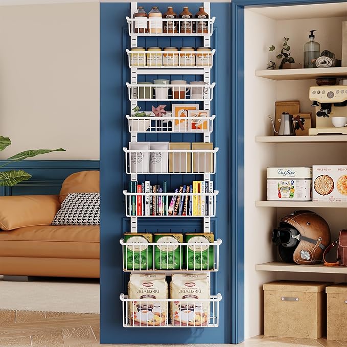 Over The Door Pantry Organizer, 8-Tier Over The Door Organizer with Adjustable Baskets, Metal Hanging Spice Rack for Pantry Organizers and Storage, Suitable for Kitchen Laundry Room & Bathroom, White
