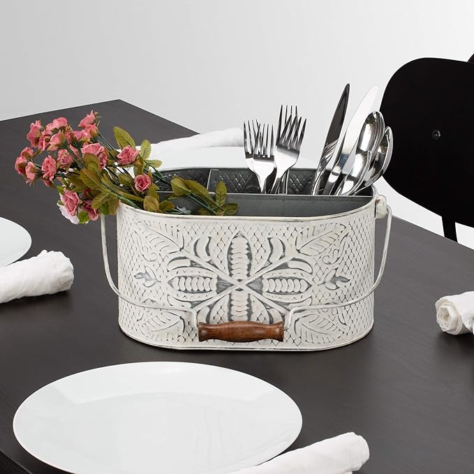 CRAFTSMAN ROAD Distressed White Metal Caddy – Farmhouse Galvanized Kitchen Organizer with Handle – Vintage Rustic Multi-Compartment Holder for Napkins, Plates, Cutlery, Flatware, Cleaning Supplies
