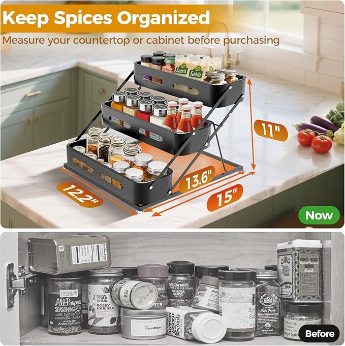 Airpro Spice Rack, 3 Tier Spice Rack Organizer for Cabinet, Seasoning Organizer for Countertop, Kitchen, Pantry, Cupboard, Sturdy Spice Organizer with Protection Railing, No Installation, Black