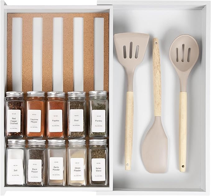 Spice Drawer Organizer with Expandable Storage. Holds up to 15 Spice Jars (Not Included), Non-Slip Feet, Kitchen Accessory Storage, 100% Sustainable Bamboo Wood (White Bamboo)
