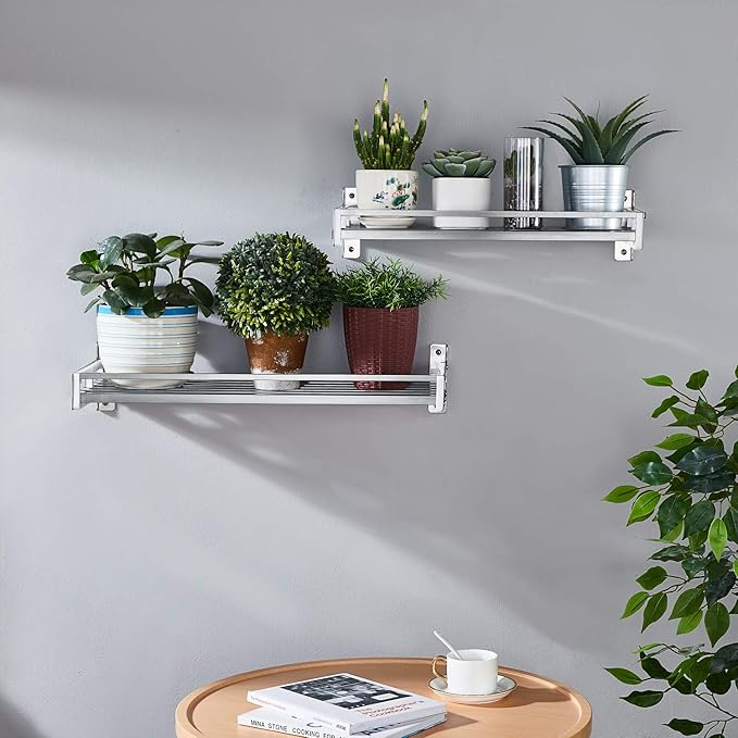 Wall Shelf with 16 Hooks, Stainless Steel Wall Hanging Shelf Organizer Rack for Kitchen, Heavy Duty Slat Shelving Unit for Storage (20'' by 9 1/2")