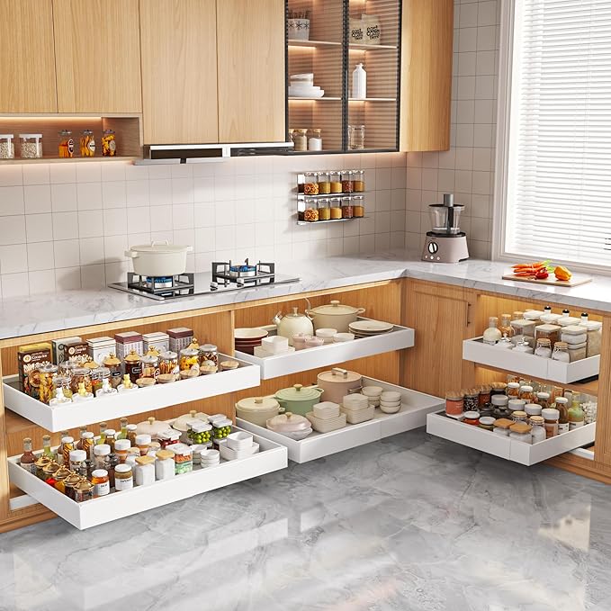 2 Pack Pull Out Cabinet Organizers 21"Deep With Raising Pad for Framed Cabinets,Expandable Slide Out Drawers Upgrade 3 Slide Rails,Roll Out Shelves Adhesive,Adjustable Width 15.2"-26.3" White