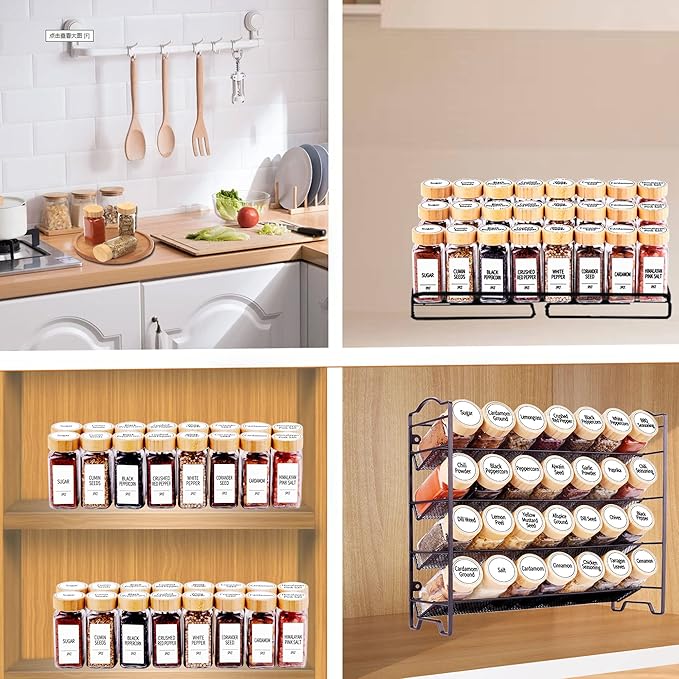 SWOMMOLY 24 Pcs Glass Spice Jars with Labels, Square Jars with Bamboo Lids, 4 oz Empty Jars with Shaker Lids, Seasoning Spice Storage Containers Bottles
