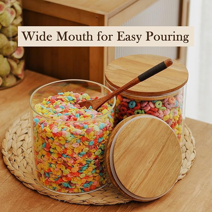 Labina Glass Storage Container Airtight Food Jars Kitchen Canister with Wood Lids, 71 Oz Wide Mouth Pantry Organization Glass Jar for Flour, Sugar, Cookie, Spagetti, Nuts and Candy (2 Pack)