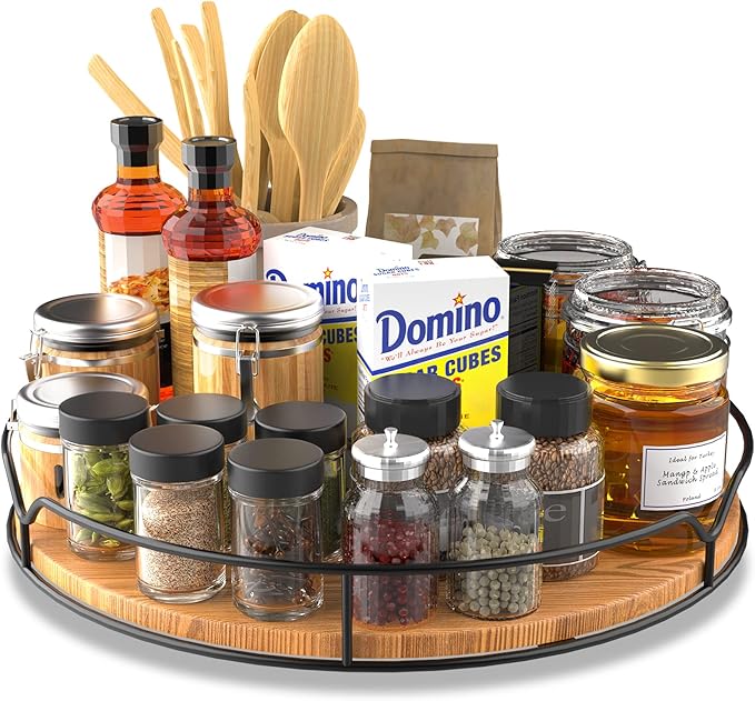 Lazy Susan Turntable Organizer with Anti-Slip Mat for Cabinet Pantry Kitchen Countertop Refrigerator Office, Pine Wood, 11", Carbonized Black