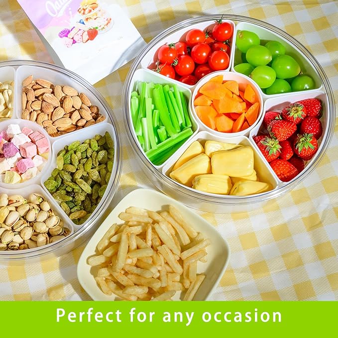 2 Pack Veggie Tray with Lid for Fridge, Clear Divided Serving Tray with Dip Snackle Box Container 6-Compartment Snack Storage for Party, Reusable Dinner Fruit Platter for Refrigerator Organizer Bins