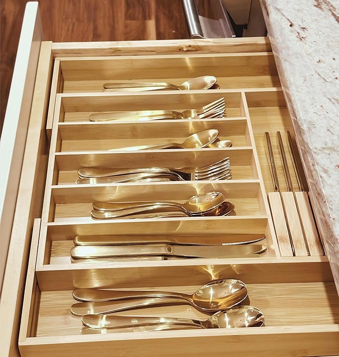 Kitchen Utensil Drawer Organizer- Bamboo, Expandable