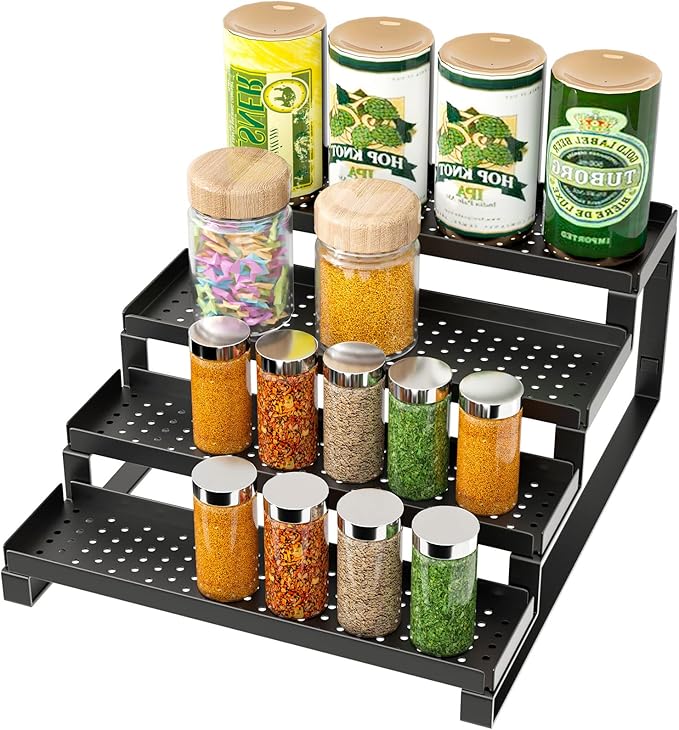 4-Tier Spice Rack Organizer Spice Shelf, Sturdy Seasoning Organizer Spice Storage Metal Riser Shelf, Pantry Kitchen Spice Holder Stand Step Rack Easy See all Canned Spice Jars, Black