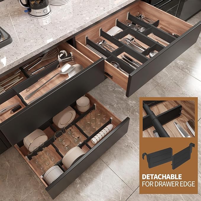 HiYZ Expandable Drawer Dividers with Inserts, Large Kitchen Utensils Drawers Divider, 2.36" High Adjustable Drawer Organizers Separators for Clothing, Kitchen Utensils, 8 Dividers with 16 Inserts