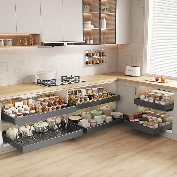 2 Pack Pull out Cabinet Organizer 21"Deep With Raising Pad for Framed Cabinets, Expandable Slide out Drawers for Kitchen Cabinets with 4pcs Divider Racks, Roll out Shelves 15.2"-26.3"W Black