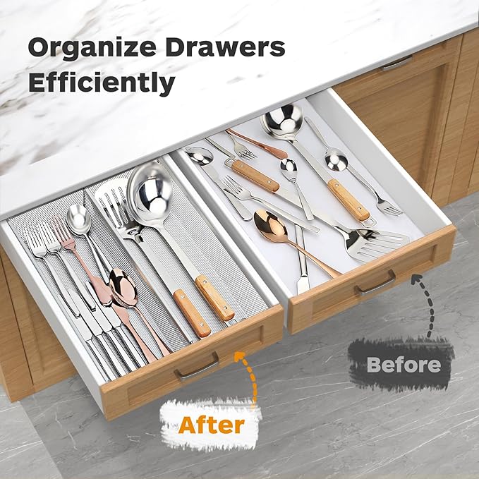 Flatware Organizer with Interlocking Arm (Grey) - 2 Pack 14.7" X 6.1" X 2" Utensil Drawer Organizer
