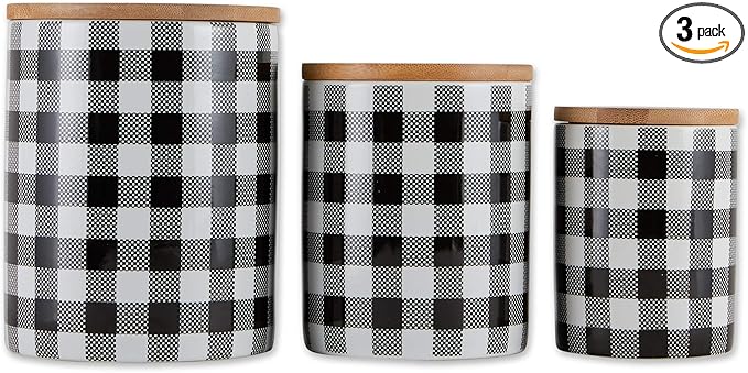 DII Ceramic Canister Sets for the Kitchen Food Safe Storage Containers with Lids, Large, Medium & Small, Buffalo Check, Black & White, 3 Count