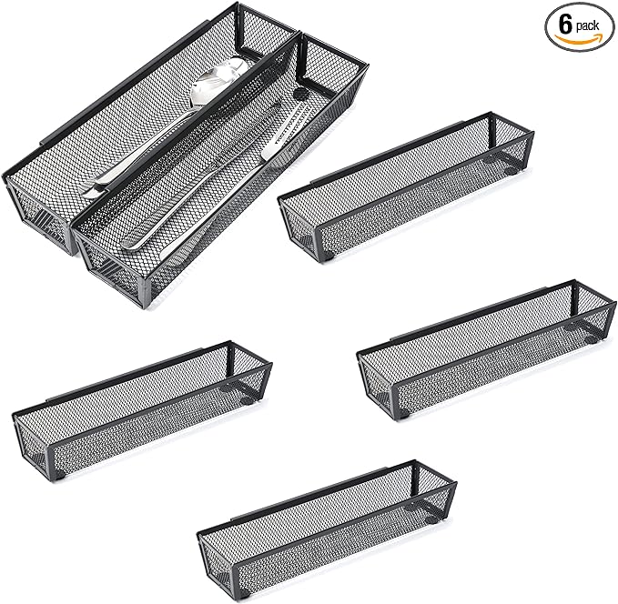 6 Pack Black Silverware Drawer Organizer Kitchen Drawer Utensil Cutlery Tray Office Supplies with Inter-locking Arm Drawer Dividers Organizer for Silverware, Flatware, Home,Office, School,Bedroom 12X3